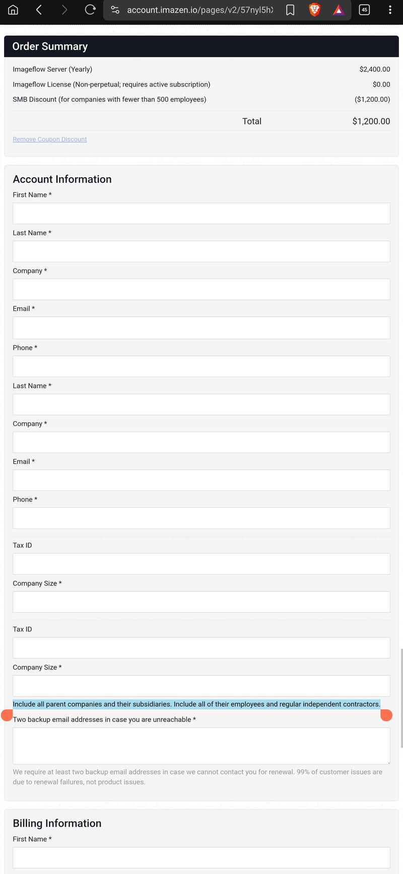 Screenshot of the checkout form showing the Company Size field with help text: 'Include all parent companies and their subsidiaries. Include all of their employees and regular independent contractors.'
