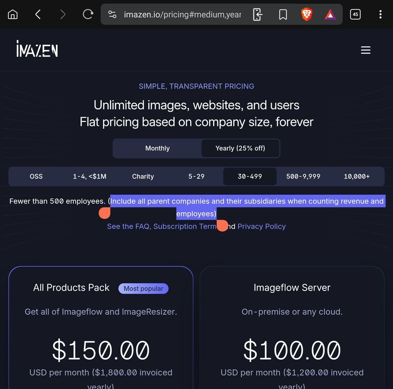 Screenshot of the pricing page showing 'Include all parent companies and their subsidiaries when counting revenue and employees' highlighted below the company size selector